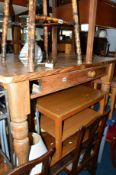 A VICTORIAN PINE KITCHEN TABLE, with a single drawer, approximate size width 122cm x depth 105cm x