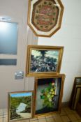 PICTURES AND PRINTS, etc, to include a framed woolwork tapestry of flowers and leaves, named M A