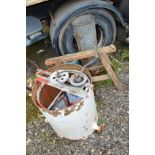A GALVANISED HONEY EXTRACTOR, tall galvanised tub with valve, copper tub, saw horse and a 56lb