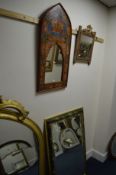 A PAINTED SHAPED WALL MIRROR, gilt wall mirror and a modern wall mirror (3)