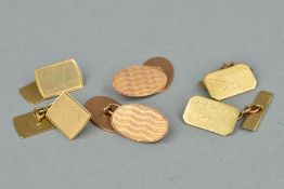 THREE PAIRS OF MID 20TH CENTURY 9CT GOLD CUFFLINKS, to include a rose oval panel link and two