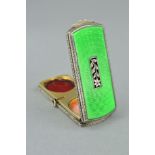 A LATE VICTORIAN SILVER ENAMEL ROUGE AND LIPSTICK CASE, of rectangular outline with green