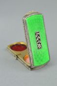 A LATE VICTORIAN SILVER ENAMEL ROUGE AND LIPSTICK CASE, of rectangular outline with green