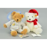 TWO STEIFF TEDDY BEARS, 'Victor' No 111716, white fur wearing santa hat and a scarf, height 30cm,