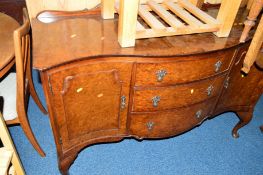 A WALNUT DRAW LEAF TABLE, on cabriole legs, four chairs and a matching serpentine sideboard with
