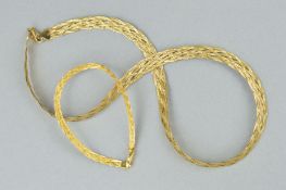 A 9CT GOLD NECKLACE AND BRACELET, both of plaited design with flattened snake chain strands, the