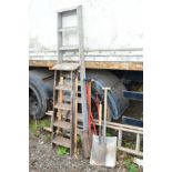 A DOUBLE EXTENSION LADDER, aluminium step ladder, a wooden step ladder and a quantity of garden