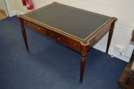 A REPRODUCTION REGENCY STYLE MAHOGANY LIBRARY TABLE, with black tooled leather inlay top, two