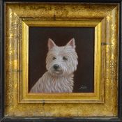 JOHN SILVER (BRITISH CONTEMPORARY), 'Westie Pup', oil on board of a West Highland Terrier, signed