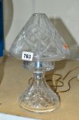 A CUT GLASS TABLE LAMP BASE AND MATCHING SHADE, height approximately 31cm