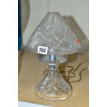 A CUT GLASS TABLE LAMP BASE AND MATCHING SHADE, height approximately 31cm