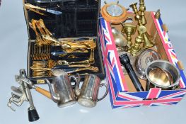 A BOX OF ASSORTED METALWARE, including brass candlesticks, silver plated coffee pots, entree dish,