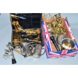 A BOX OF ASSORTED METALWARE, including brass candlesticks, silver plated coffee pots, entree dish,