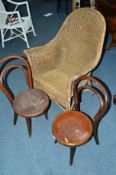 A PAIR OF BENTWOOD CHILD'S CHAIRS, and a wicker chair (3)