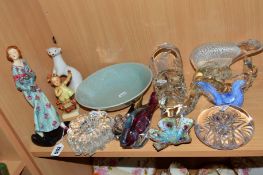 A GROUP OF CERAMICS AND GLASS, to include Goldscheider with Myott Son & Co figure (head reglued),