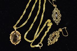 A LATE 20TH CENTURY 9CT GOLD SMOKY QUARTZ PENDANT AND EARRING SET, oval pendant together with a