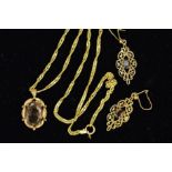 A LATE 20TH CENTURY 9CT GOLD SMOKY QUARTZ PENDANT AND EARRING SET, oval pendant together with a