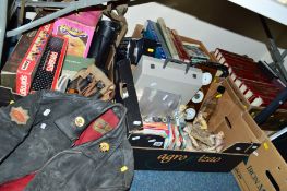 FOUR BOXES AND LOOSE SUNDRY ITEMS, to include records, a pair of Baush & Lomas military