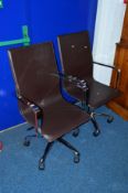 A PAIR OF CHROME FRAMED SWIVEL CHAIRS, together with two modern desks (dismantled, sd) (4)