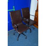 A PAIR OF CHROME FRAMED SWIVEL CHAIRS, together with two modern desks (dismantled, sd) (4)