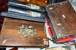 A MOTHER OF PEARL INLAID WRITING SLOPE, (slope needs refitting), another work box (distressed),
