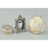 THREE ITEMS, to include a miniature silver frame of floral design, hallmarked London, 1981, length