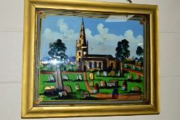 A VICTORIAN REVERSE PAINTING ON GLASS OF WORSHIPPERS OUTSIDE A CHURCH, with mother of pearl style