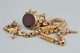 A LATE VICTORIAN 9CT GOLD ALBERT CHAIN AND SWIVEL FOB, the fancy link chain with lobster claw