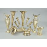 A GROUP OF SILVER POSY VASES, etc, mostly sd and loaded bases, including a twin handled vases with
