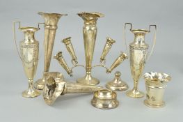 A GROUP OF SILVER POSY VASES, etc, mostly sd and loaded bases, including a twin handled vases with