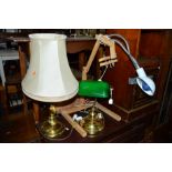 A BRASS DOMED DESK LAMP, a brass table lamp and another lamp (3)