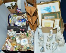 THREE SMALL BOXES AND LOOSE CERAMICS, PICTURES, WOODEN STANDS ETC, to include Lladro Afghan No.1069,