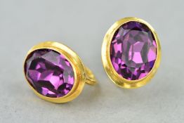 A PAIR OF AMETHYST EARRINGS, each designed as an oval amethyst within a collet setting, with pierced