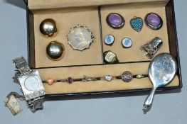 A SELECTION OF SILVER AND WHITE METAL JEWELLERY, to include an early 20th century silver miniature