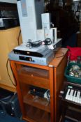 A TEAK HI FI CABINET WITH PHILIPS MIDI HI FI, a Technics CD player, a Sony hard drive recorder and a