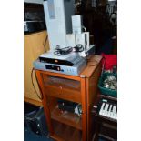 A TEAK HI FI CABINET WITH PHILIPS MIDI HI FI, a Technics CD player, a Sony hard drive recorder and a