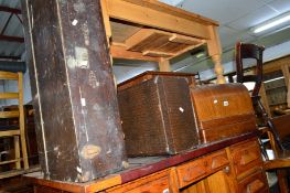 TWO OAK CASED SINGER SEWING MACHINE, another Singer sewing machine and a pine tool chest (4)