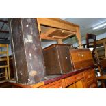 TWO OAK CASED SINGER SEWING MACHINE, another Singer sewing machine and a pine tool chest (4)