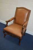 A REPRODUCTION CARVED WOOD BROWN LEATHER GAINSBOROUGH CHAIR