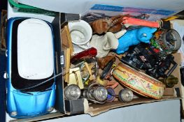 A BOX AND LOOSE SUNDRIES, to include Arthur Wood lustre bowl, Parian jugs (af), toys, etc