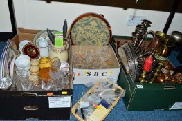 THREE BOXES AND LOOSE METALWARES, GLASS, ETC, to include plated candelabra and candlesticks,