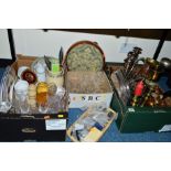 THREE BOXES AND LOOSE METALWARES, GLASS, ETC, to include plated candelabra and candlesticks,