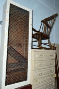 A PAINTED PINE SINGLE DOOR BOOKCASE, and an oak rocking chair (2)