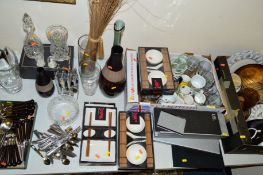 TWO BOXES AND LOOSE MODERN KITCHEN ITEMS, VASES, BOOKS, etc, to include Denby cutlery, cut glass