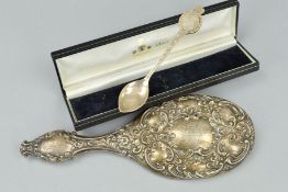 A SILVER MIRROR, and a cased silver spoon