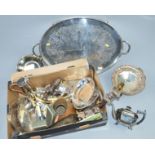 A LATE VICTORIAN TWIN HANDLED OVAL SILVER PLATED TRAY AND A BOX OF SILVER PLATE, etc, to include