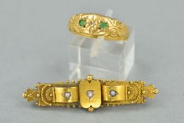 A LATE VICTORIAN 15CT GOLD BROOCH AND AN 18CT GOLD RING, the brooch of rectangular outline with