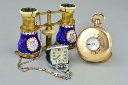 A PAIR OF MID 20TH CENTURY OPERA GLASSES, A POCKET WATCH AND A PENDANT TRAVEL WATCH, the opera