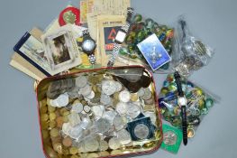 A SELECTION OF ITEMS, to include a silver enamel cross pendant, various coins, some commemorative,