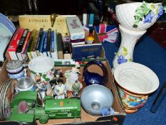 TWO BOXES AND LOOSE CERAMICS, SUNDRIES ETC, to include Jardiniere and stand, books, 'John Deere'